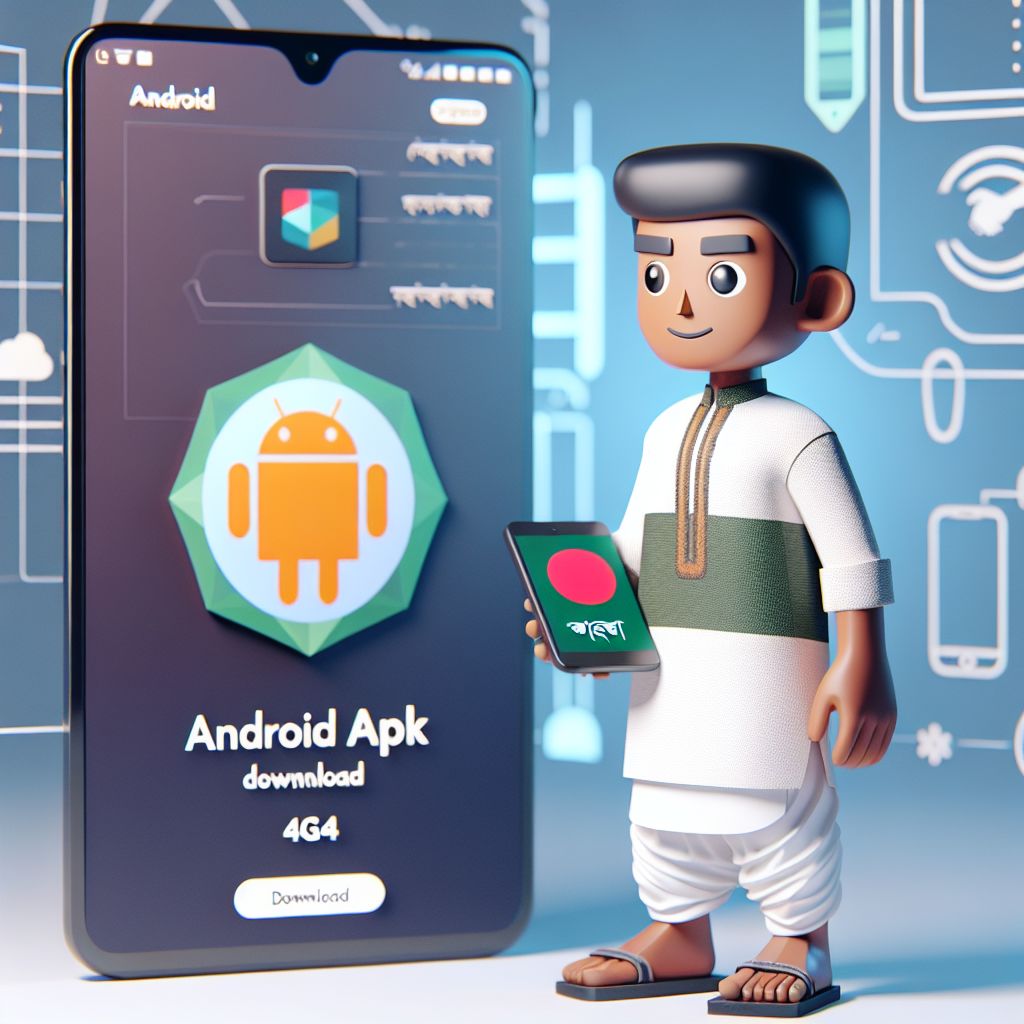BGD444 themed cartoon character holding a smartphone with an app download screen and Bangladesh-inspired background