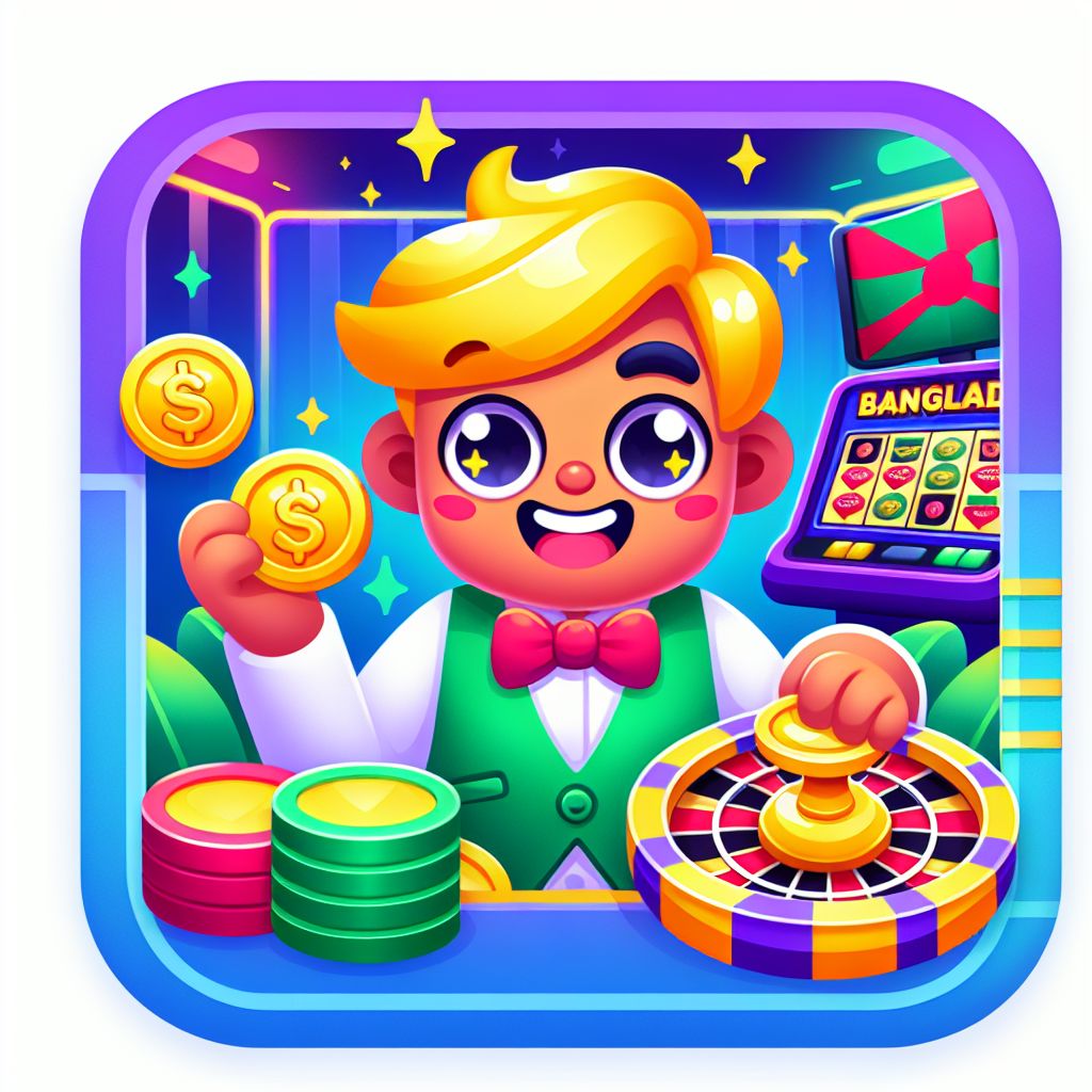 BGD444 cartoon casino character holding coins near slot machine and live table icons