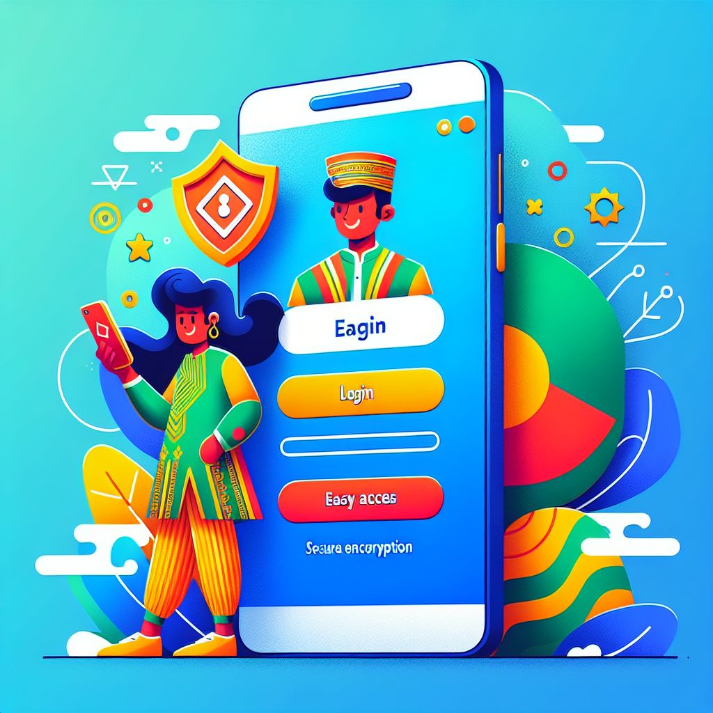 BGD444 cartoon character holding a shield and a phone with a login screen