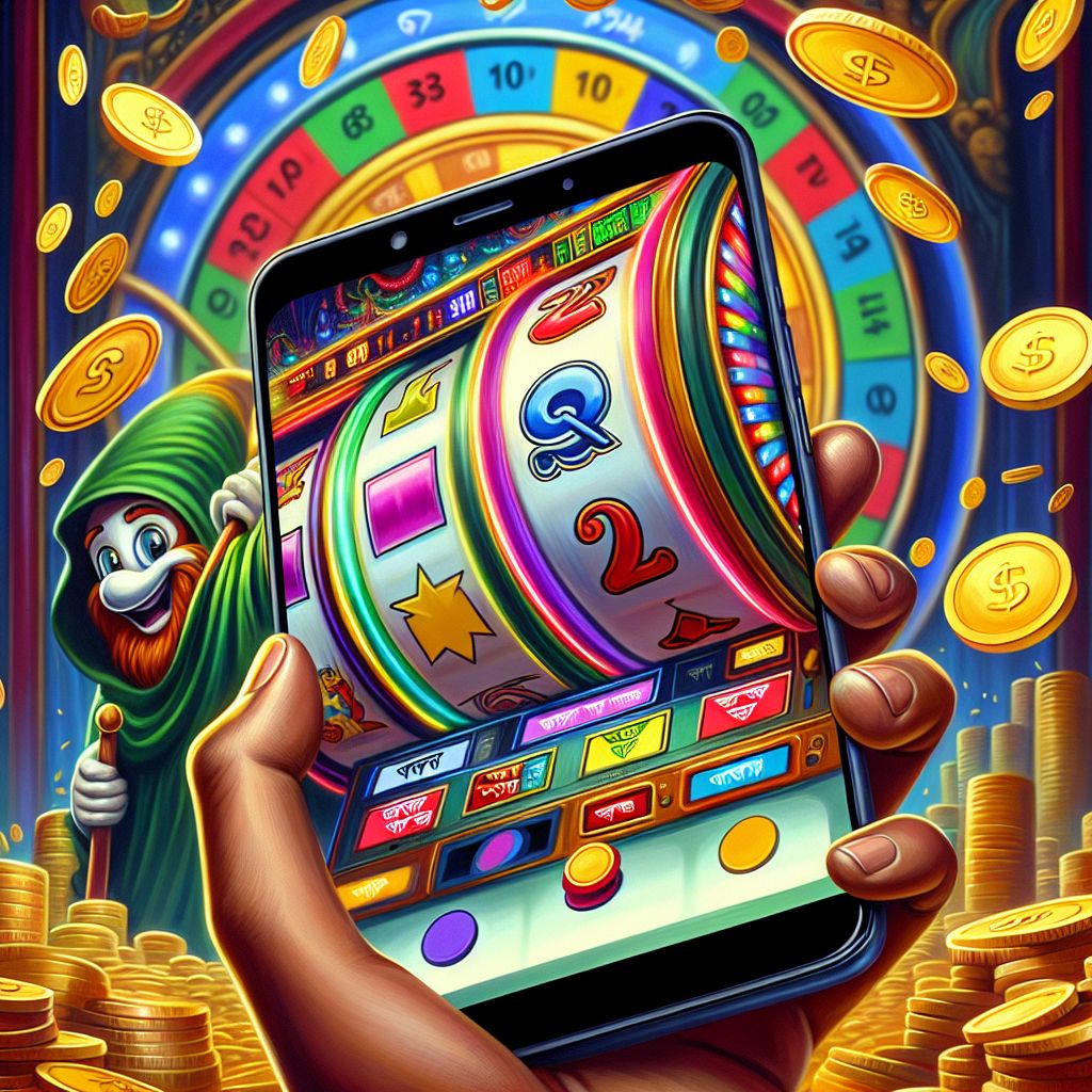BGD444 themed cartoon character holding a phone with slot reels and coins in Bangladesh setting